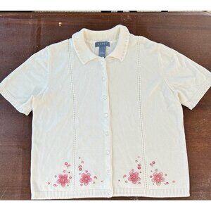 VTG Koret Short Sleeve Cardigan Button Up Pink Beige Embroidered Floral Sz LG